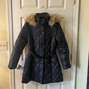 Black Quilted Women's Coat with Faux Fur Trim